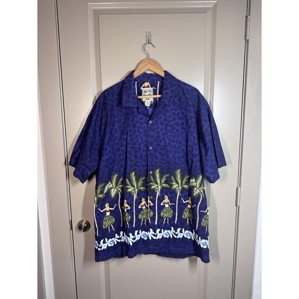 Steve & Barry's Classic Hawaiian Shirt Mens XL Blue Button Up Hula Girl Palms